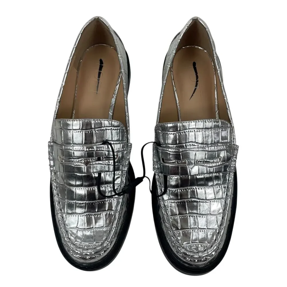 Ann Taylor LOFT Metallic Embossed Slip On Penny Loafers Silver Size 7.5M